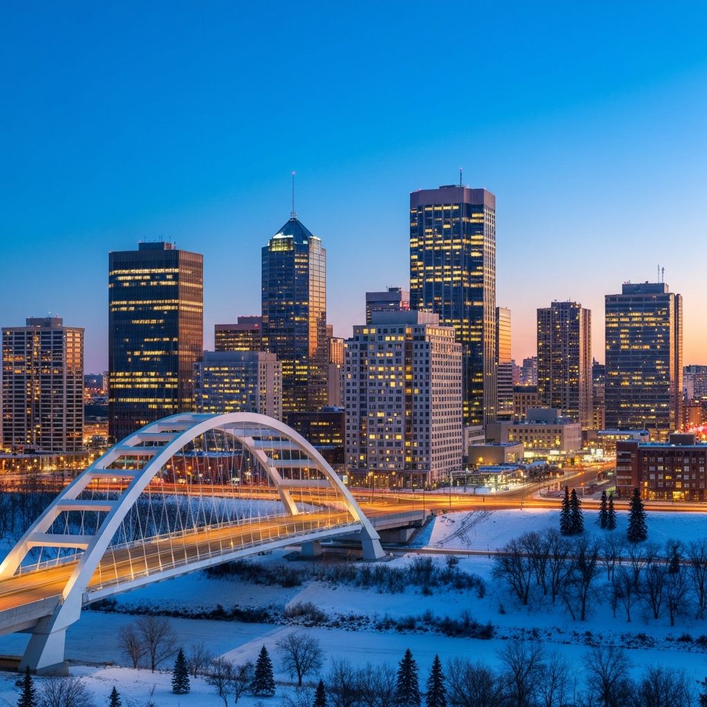 Edmonton skyline with Walterdale Bridge at dusk